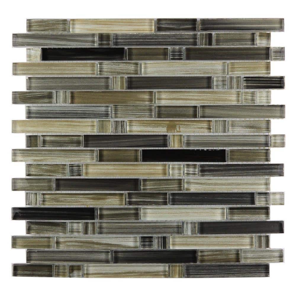 Handicraft Glossy Beige Gray & Black 12 in. x 12 in. Linear Mosaic Stained Glass Wall & Pool (1 Sq. Ft./Piece) - Hercitys