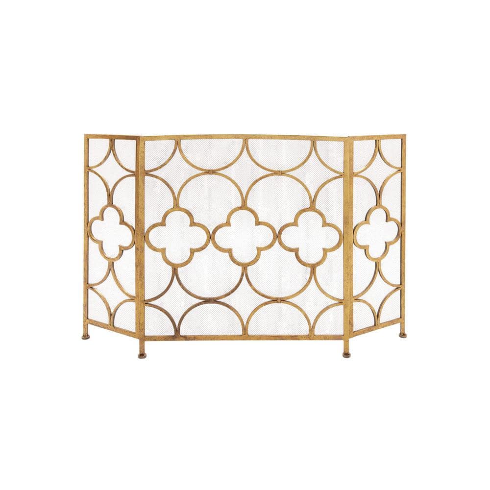 Gold Metal 50 in. W Foldable Mesh Netting 3 Panel Geometric Fireplace Screen with Quatrefoil Design - Hercitys