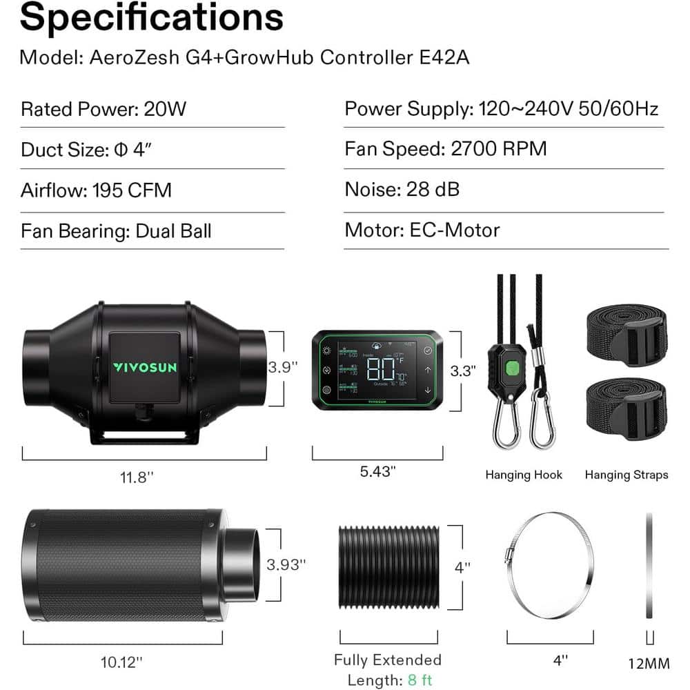AeroZesh G4 4 in. Inline Duct Fan Kit with GrowHub E42A Controller, Black Carbon Filter and 8 ft. Ducting - Hercitys