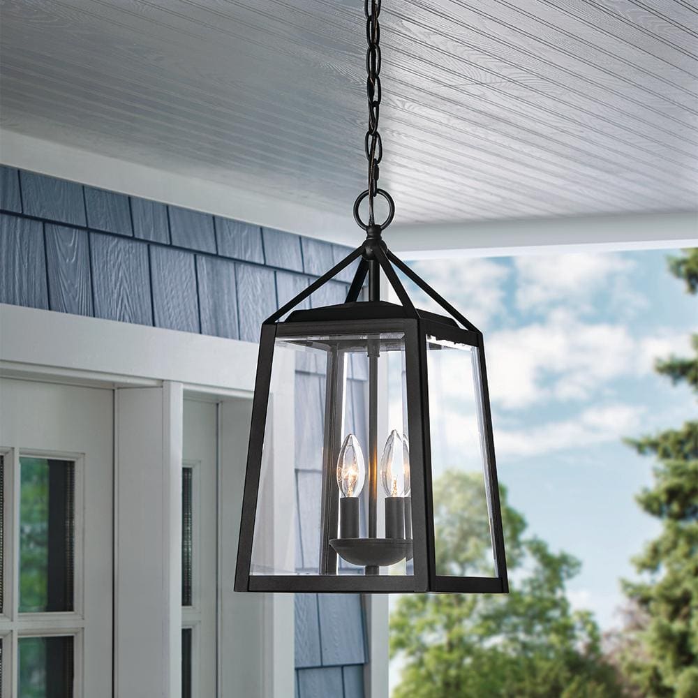 Blakeley Transitional 2-Light Black Outdoor Pendant Light Fixture with Clear Beveled Glass - Hercitys
