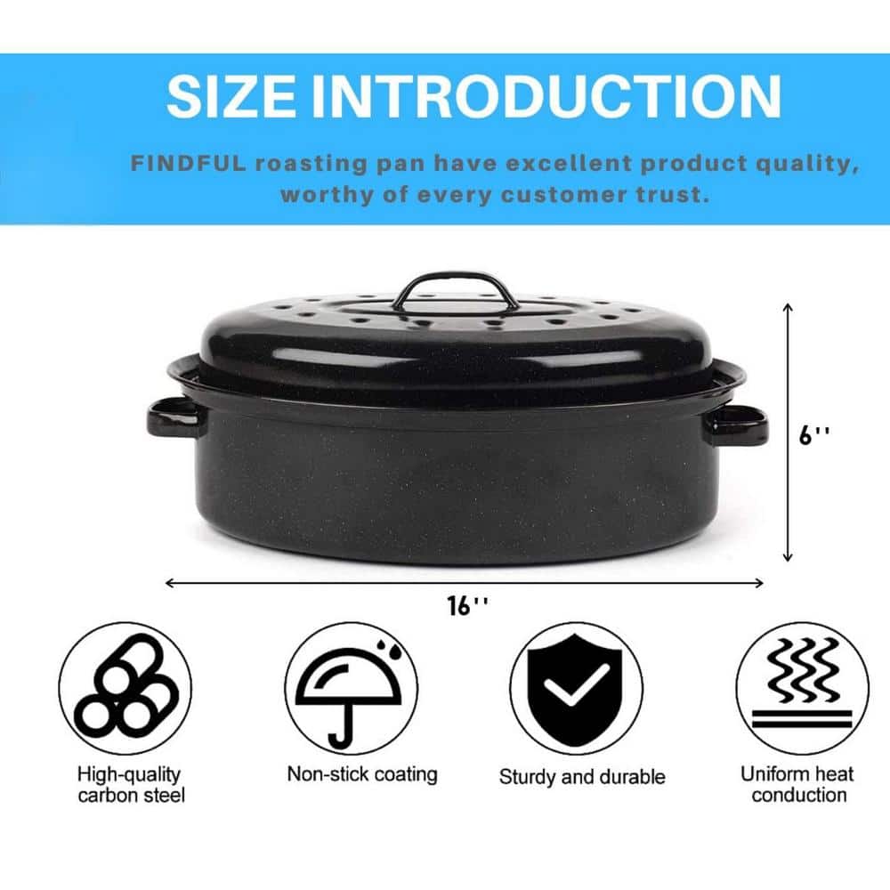 9.5 qt. Covered Oval Black Non-Stick Carbon Steel Roasting Pan with Lid for Turkey, Chicken, Meat and Vegetables - Hercitys