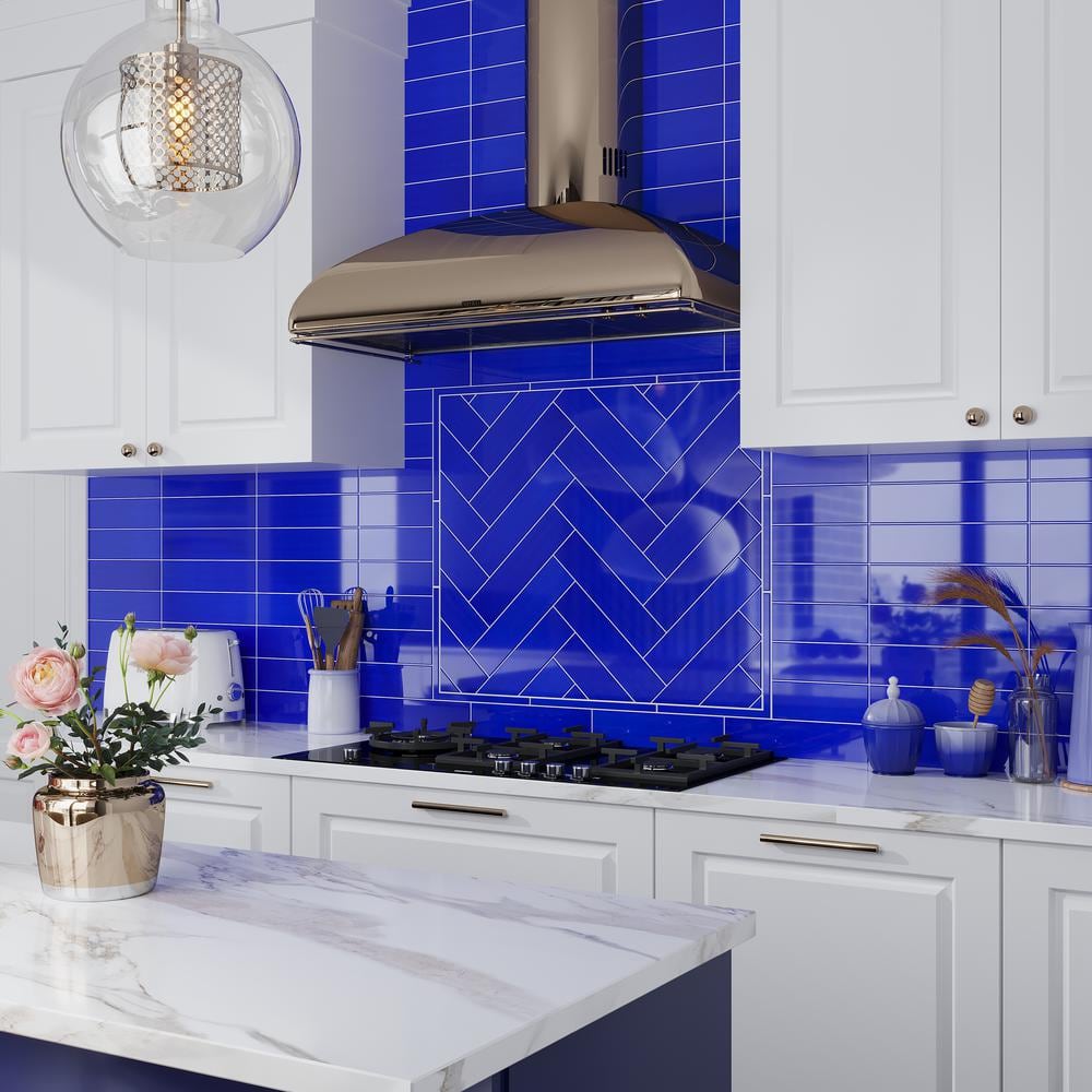 Blue 3 in. x 12 in. Polished Glass Mosaic Floor and Wall Tile (5 sq. ft./Case) - Hercitys