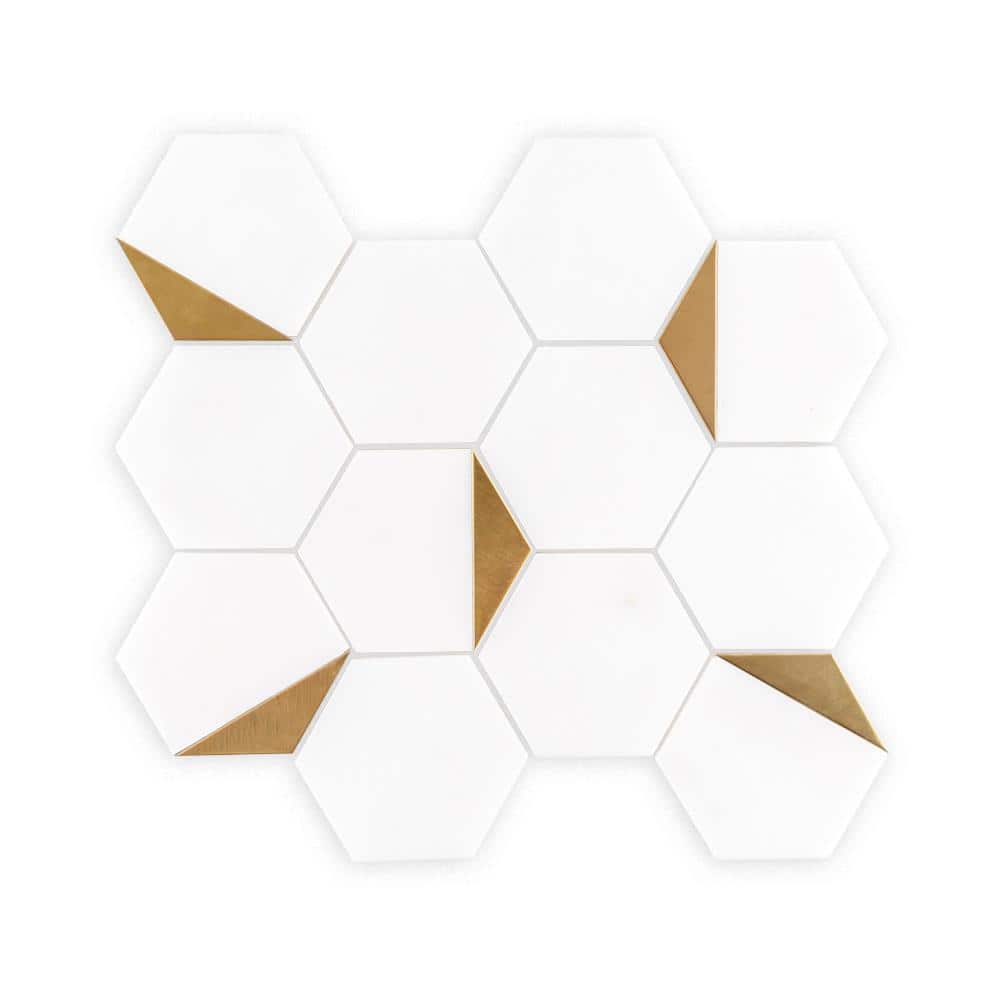 Bees Knees White 13 in. x 11.125 in. Hexagon Honed Marble and Metal Mosaic Wall and Floor Tile (10.04 sq. ft./Case) - Hercitys