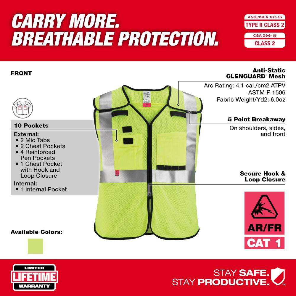 Arc-Rated/Flame-Resistant 2X-Large/3X-Large Yellow Mesh Class 2 Breakaway High Visibility Safety Vest with 10-Pockets - Hercitys