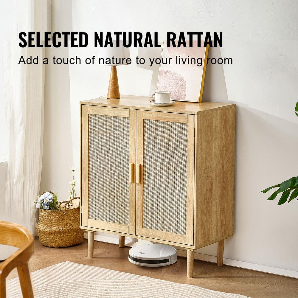 Rattan Cabinet, Rattan Storage Cabinet with 2 Magnetic Doors and Adjustable Shelves, Sideboard Cabinet Natural Wood - Hercitys