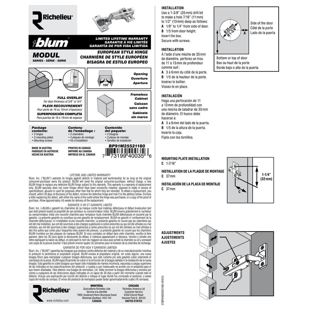 MODUL Series 35 mm Spring Closing Overlay for Frameless Cabinet Hinge (2-Pack) - Hercitys