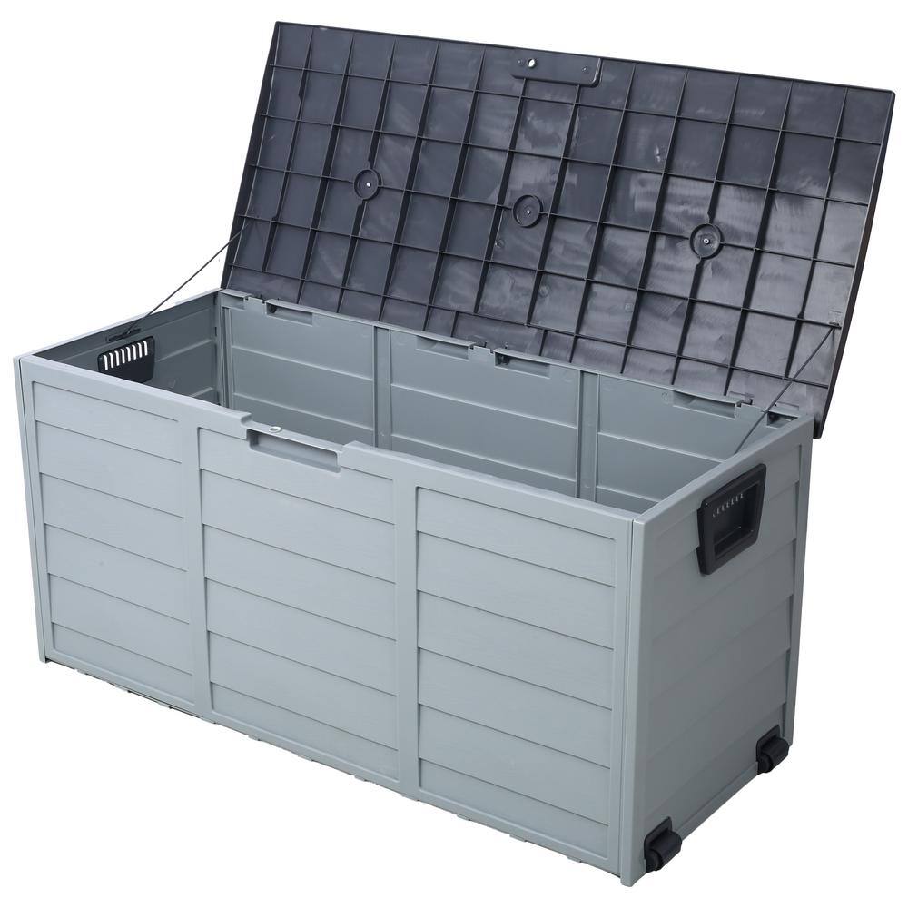 75 Gal. Plastic Deck Box, All Weather UV Pool Deck Box, Storage Shed Bin Backyard Patio Outdoor with Wheel in Gray - Hercitys