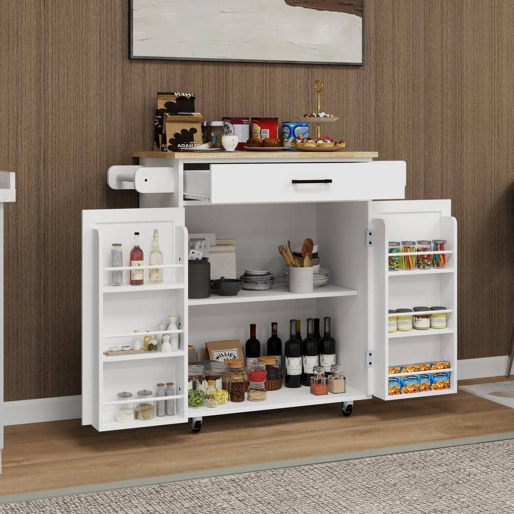 Rolling White Rubber Wood Tabletop 29 in. Kitchen Island with Adjustable Shelve - Hercitys