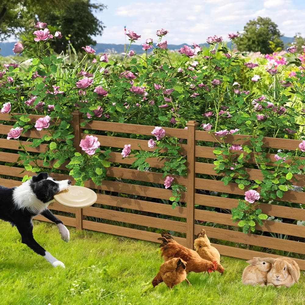 Ares 38 in. x 46 in. Brown Garden Fence W/Post And No-Dig Steel Cone Anchor Recycled Plastic Privacy Fence Panel(4-Pack) - Hercitys