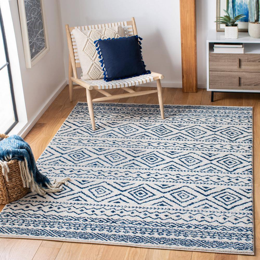Tulum Ivory/Navy 9 ft. x 12 ft. Striped Geometric Diamonds Area Rug - Hercitys
