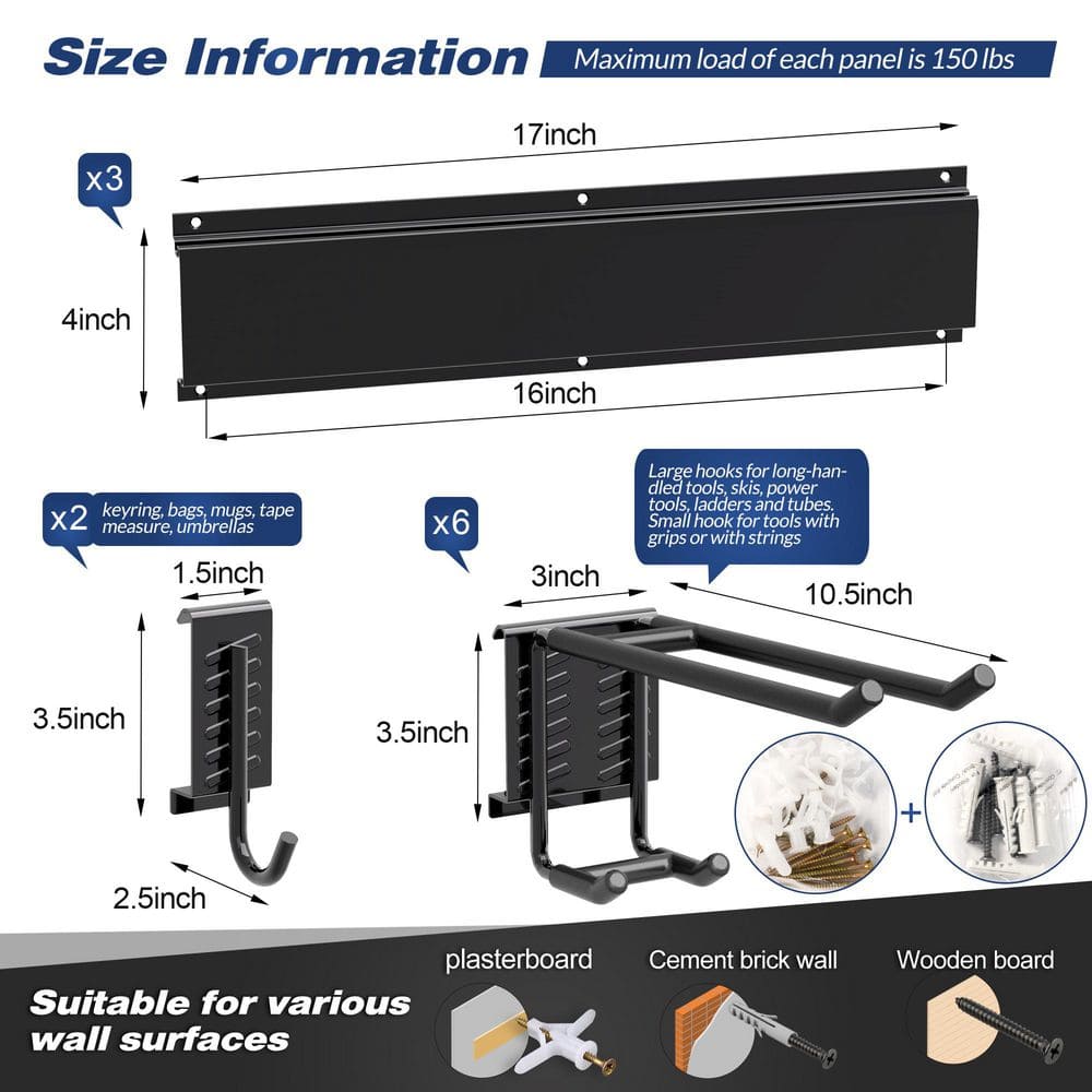 68 in. Garage Tool Storage Steel Rack, 600 lbs. Load Capacity Wall Mounted Storage Organizer System with 12 Hooks - Hercitys