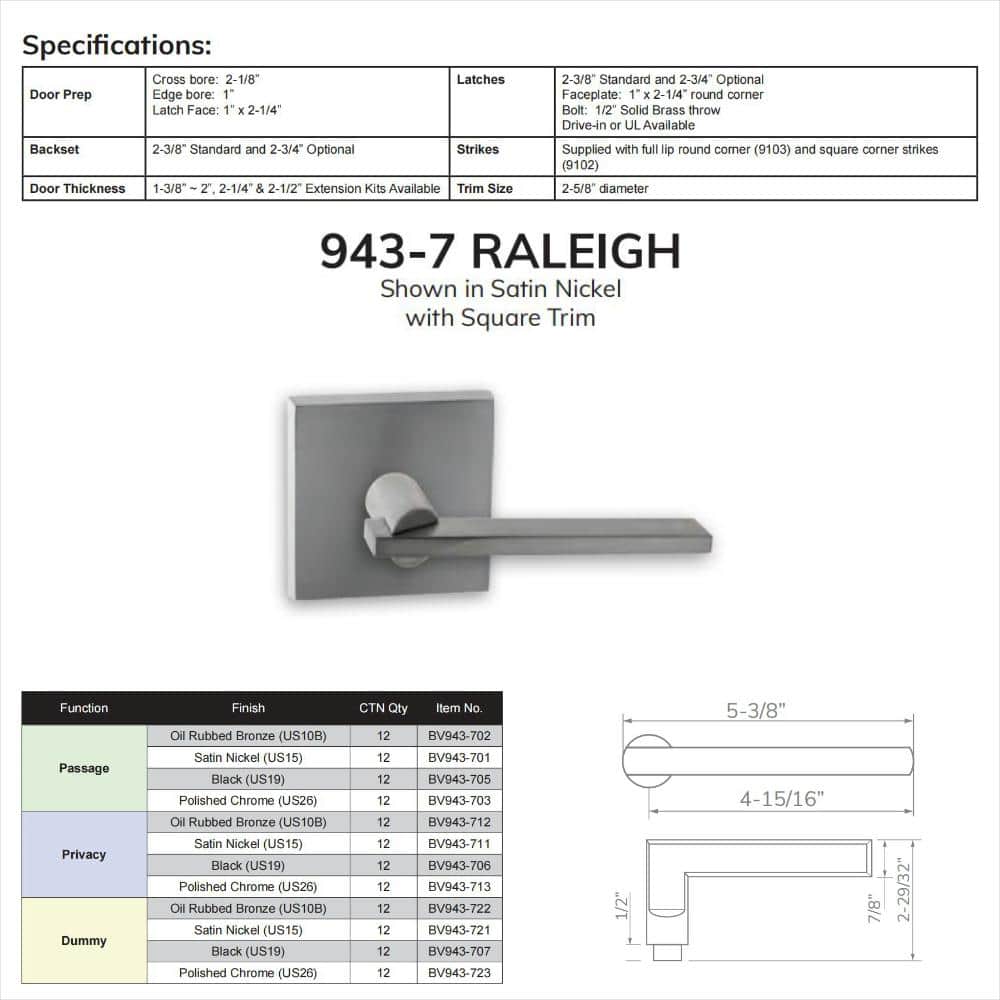 Bravura Raleigh 943-7 Privacy (Bed/Bath) Door Lever Bright Chrome w/ square trim - Hercitys