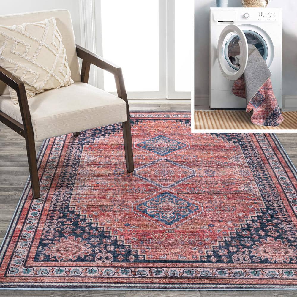 Dalyan Geometric Medallions Washable Terra/Navy 9 ft. x 12 ft. Area Rug - Hercitys
