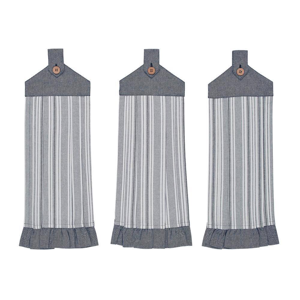Sawyer Mill Blue Ticking Stripe Button Loop cotton Blend Kitchen Tea Towel Set (Set of 3) - Hercitys
