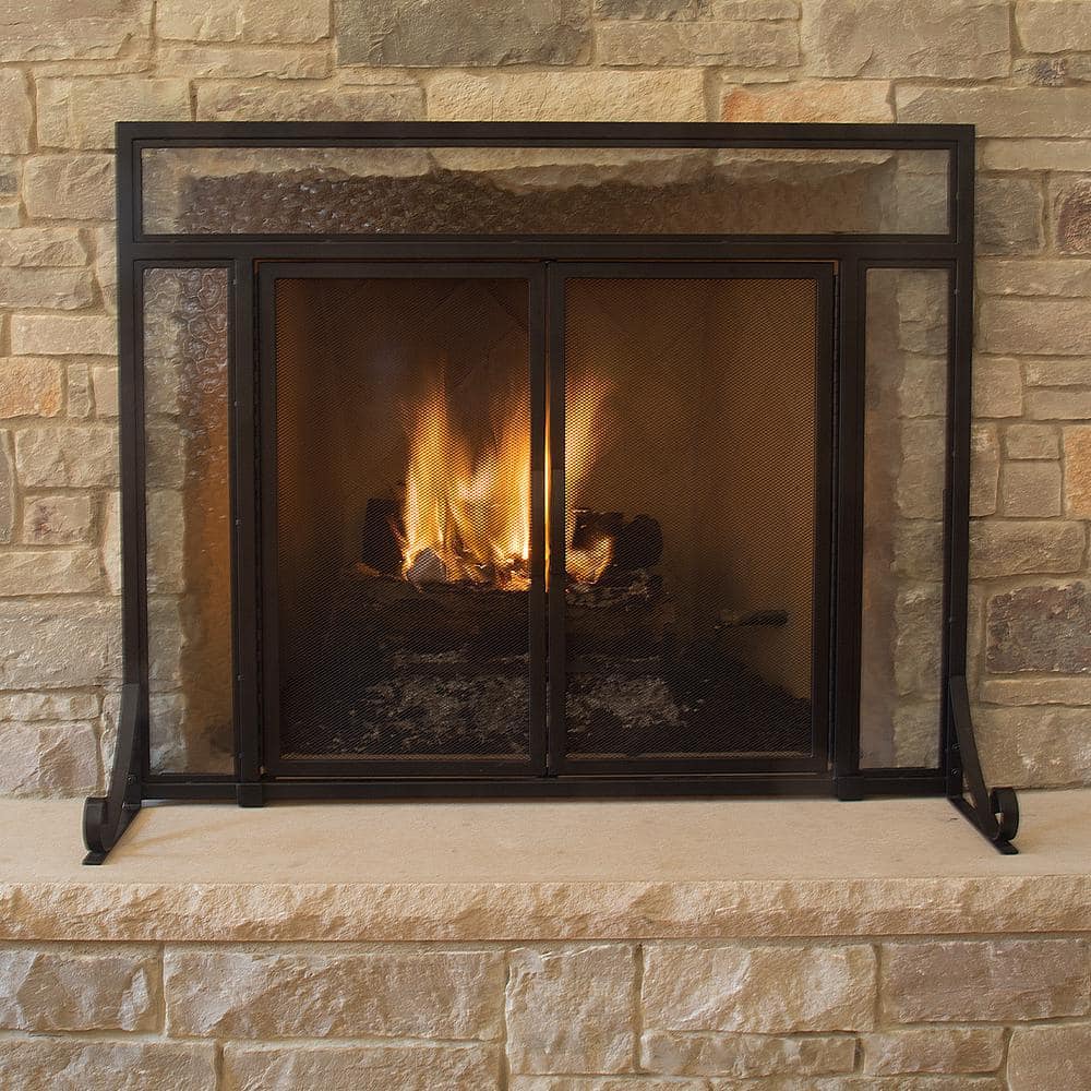 Manchester Large Size Black Steel and Glass Single-Panel Fireplace Screen with Doors - Hercitys