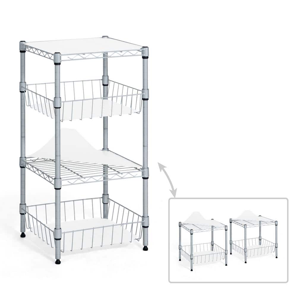Silver 2 To 4-Tier Steel Stackable Garage Storage Shelving Unit with Baskets and Liner (15 in. W x 30 in. H x 14 in. D) - Hercitys