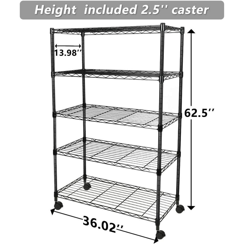 Heavy Duty 5-Shelf Shelving Unit with Wheel and Adjustable Feet, 36 x 14 x 60 in. 5-Tier, Black - Hercitys