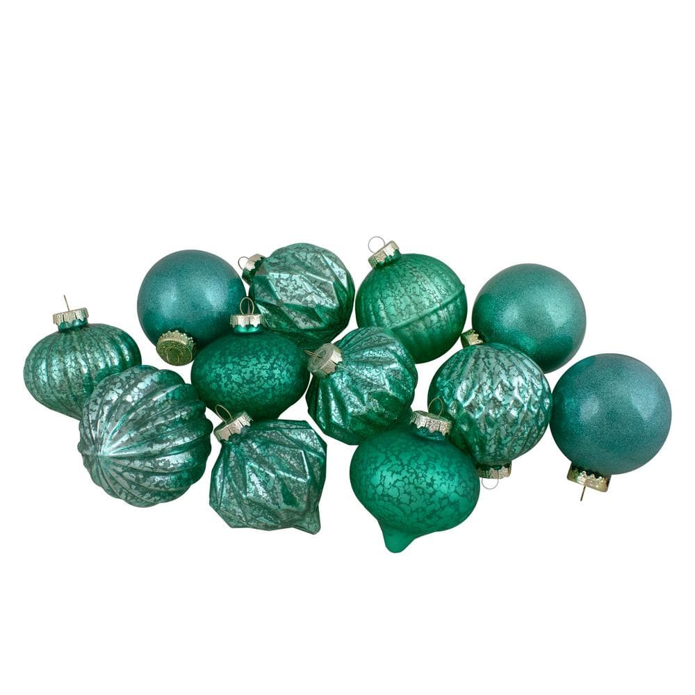 Green Finial and Glass Ball Christmas Ornaments Set of 12 - Hercitys
