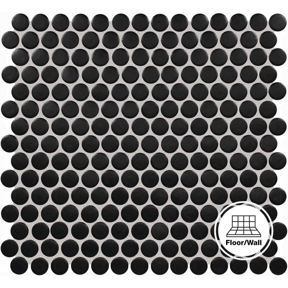 Restore Black 11 in. x 10 in. Matte Ceramic Penny Round Mosaic Tile (12.45 sq. ft. /case) - Hercitys