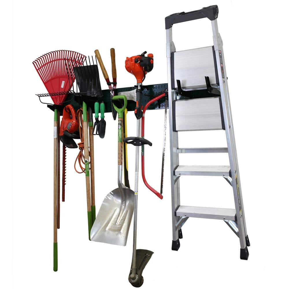 8 in. H x 64 in. W Garage Tool Storage Lawn and Garden Tool Organizer Rack with Green Metal Peg Board and Black Hook Set - Hercitys