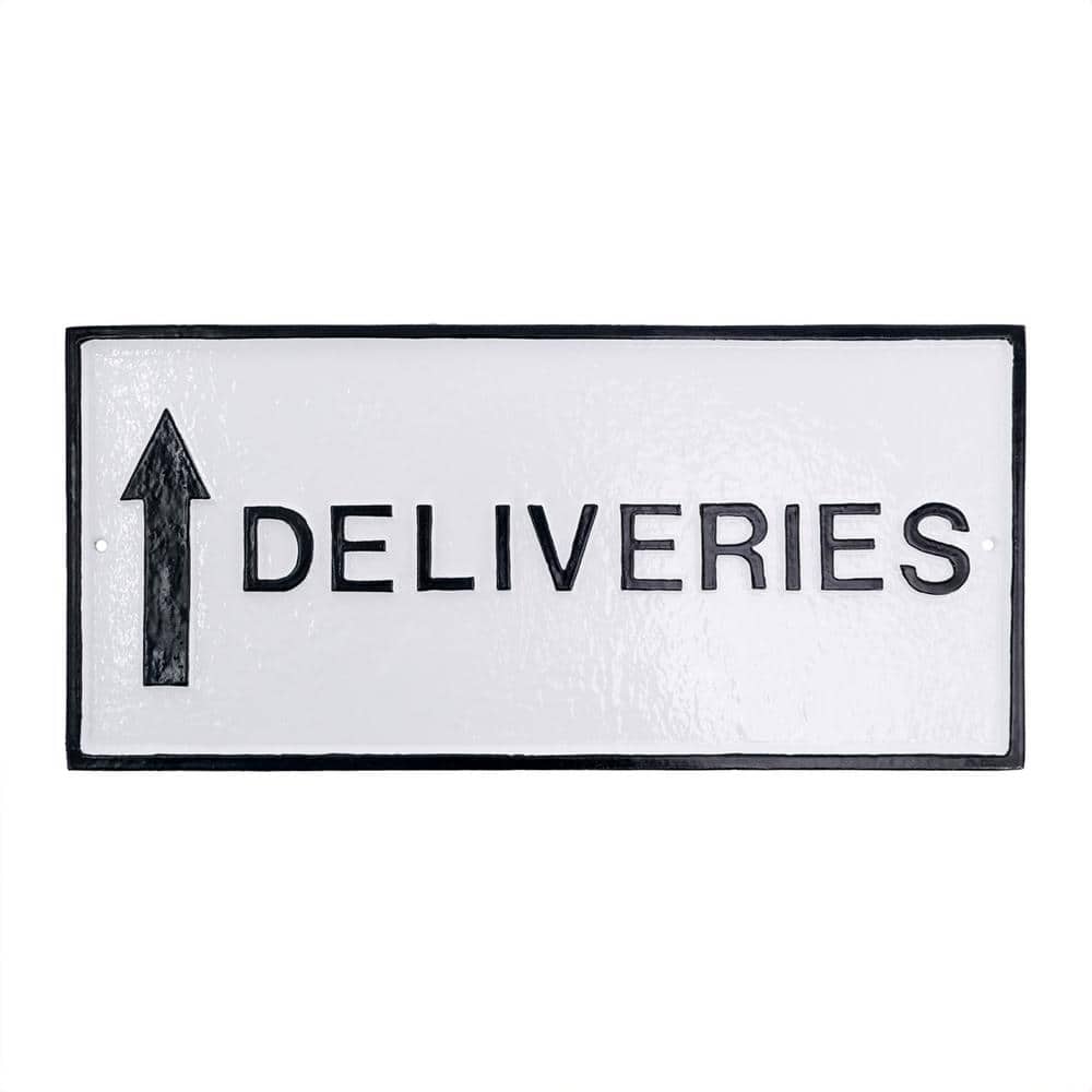 7.25 in. x 15.25 in. Deliveries with Up Arrow Standard Rectangle Statement Plaque with Lawn Stakes – White/Black - Hercitys