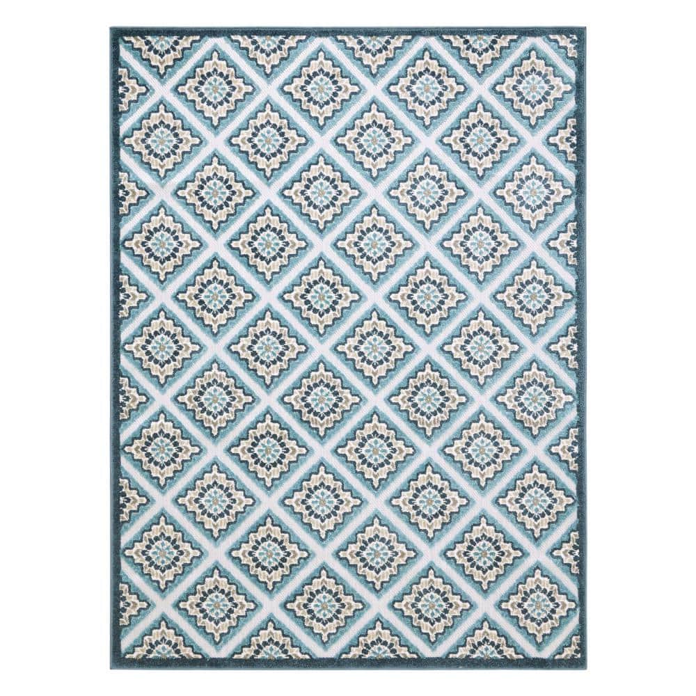 Brooks Retro Blue/Multicolor 5 ft. x 7 ft. Geometric Indoor/Outdoor Patio Area Rug - Hercitys