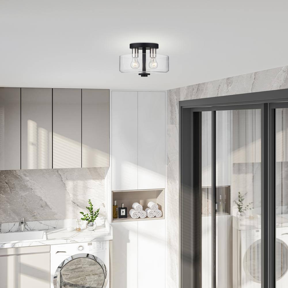 Whitworth 12.25 in. 2-Light Black Semi Flush Mount with White Clear Glass - Hercitys