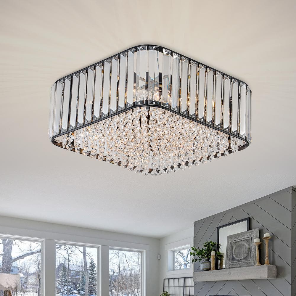 Orillia 13.38 in. 4-Light Black Contemporary Square Ceiling Light with Crystal Shade - Hercitys