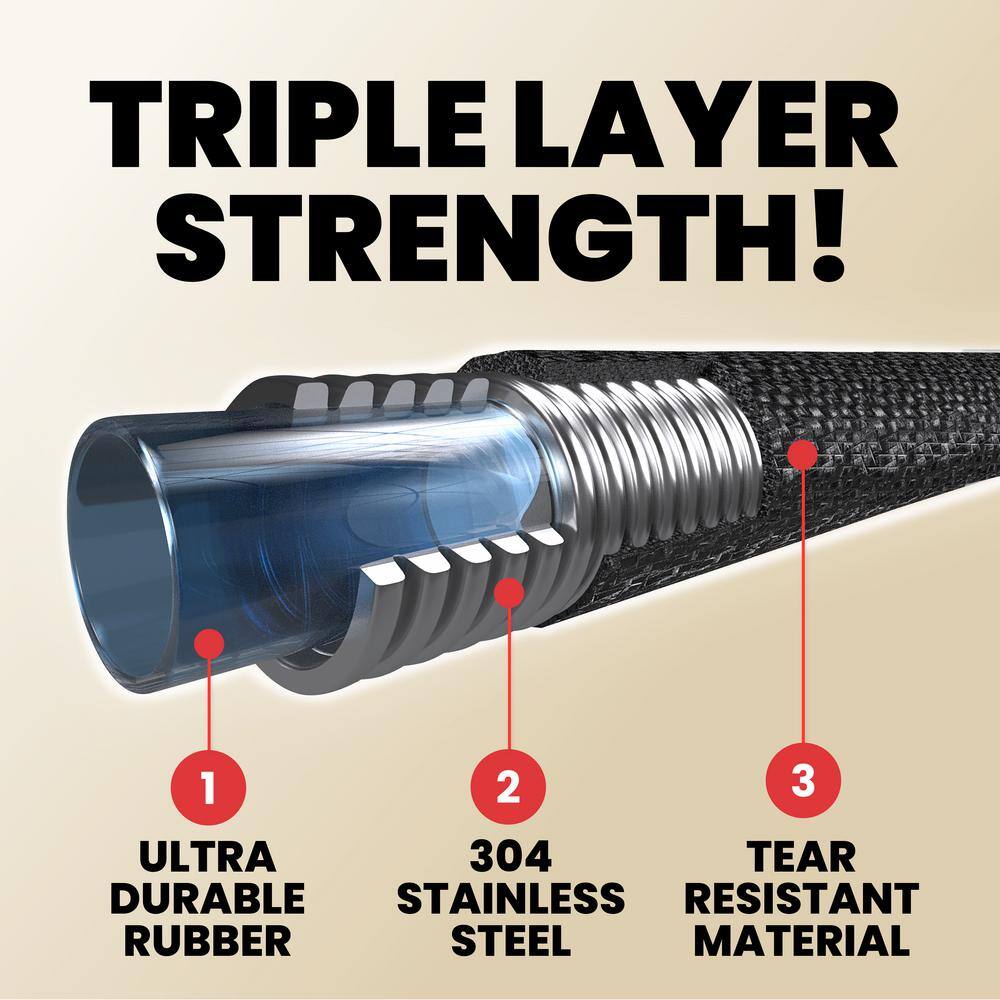Pro 25 ft. Heavy-Duty Flexible Lightweight 304-Stainless Steel Metal Water Hose with Brass Nozzle - Hercitys