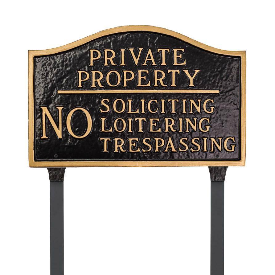 Private Property, No Soliciting, No Loitering Standard Statement Plaque with Lawn Stakes – Black/Gold - Hercitys