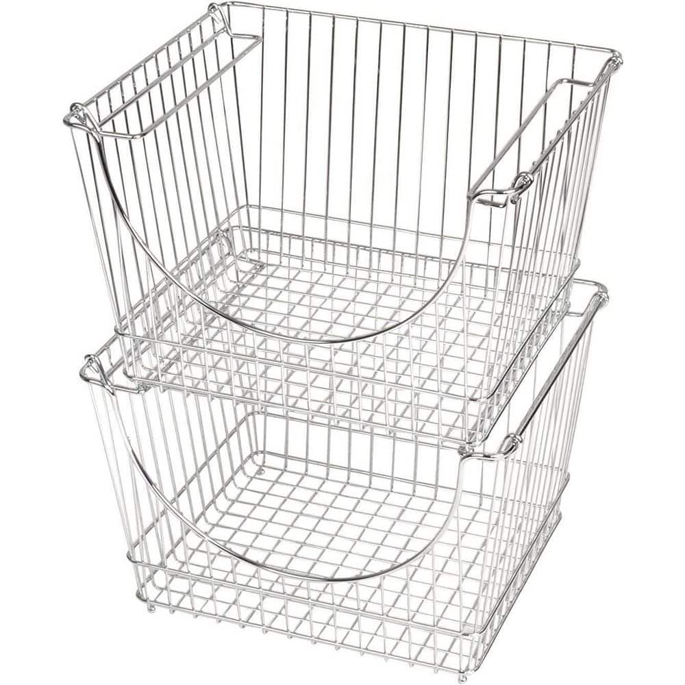 Stacking Baskets with Handles – Set of 2 Large – Fruit Produce and Vegetable 12.5 x 8.5 Inch – Chrome - Hercitys