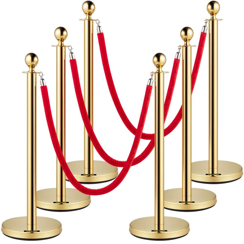 Velvet Ropes and Posts 5 ft. Red Rope Stainless Steel Gold Stanchion with Ball Top 6 PCS Crowd Control Barrier - Hercitys
