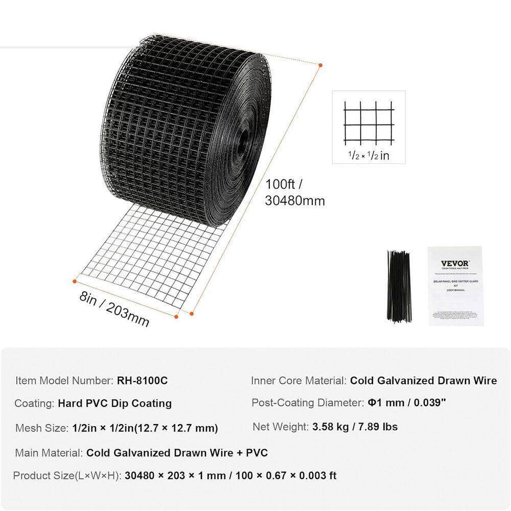 8 in. x 100 ft. Solar Panel Bird Guard Garden Fence, Critter Guard Roll Kit W/ 50-Pcs Stainless, 1/2 in. Wire Roll Mesh - Hercitys