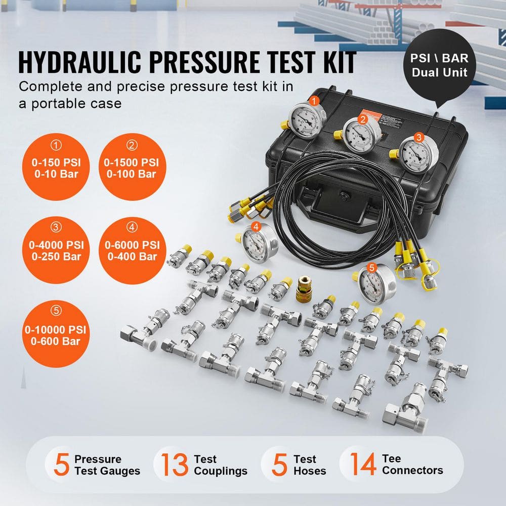 Hydraulic Pressure Test Kit, 10/100/250/400/600 bar, 5 Gauges 13 Couplings 14 Tee Connectors 5 Test Hoses, Excavator - Hercitys
