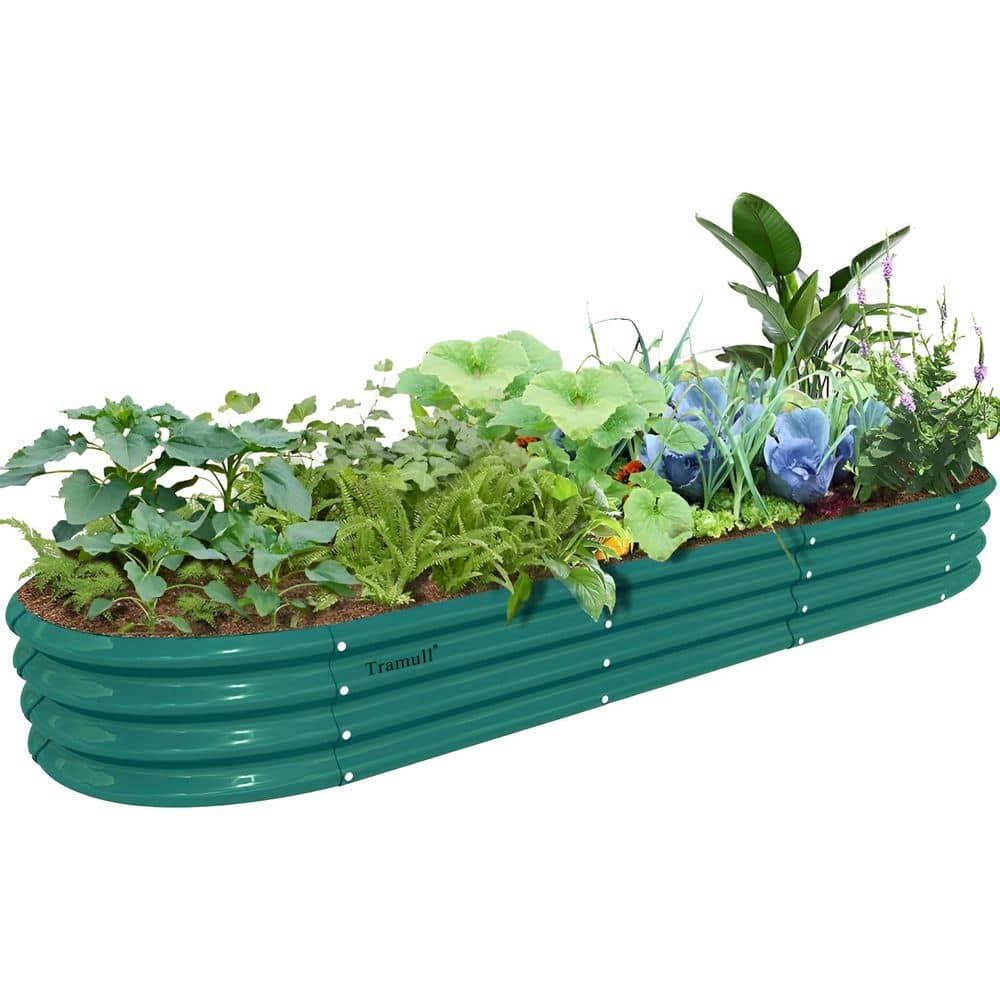 Green 144 in. x 24 in. x 12 in. Oval Galvanized Raised Garden Bed, Metal Planter Box for Vegetables Flowers Herbs Fruits - Hercitys