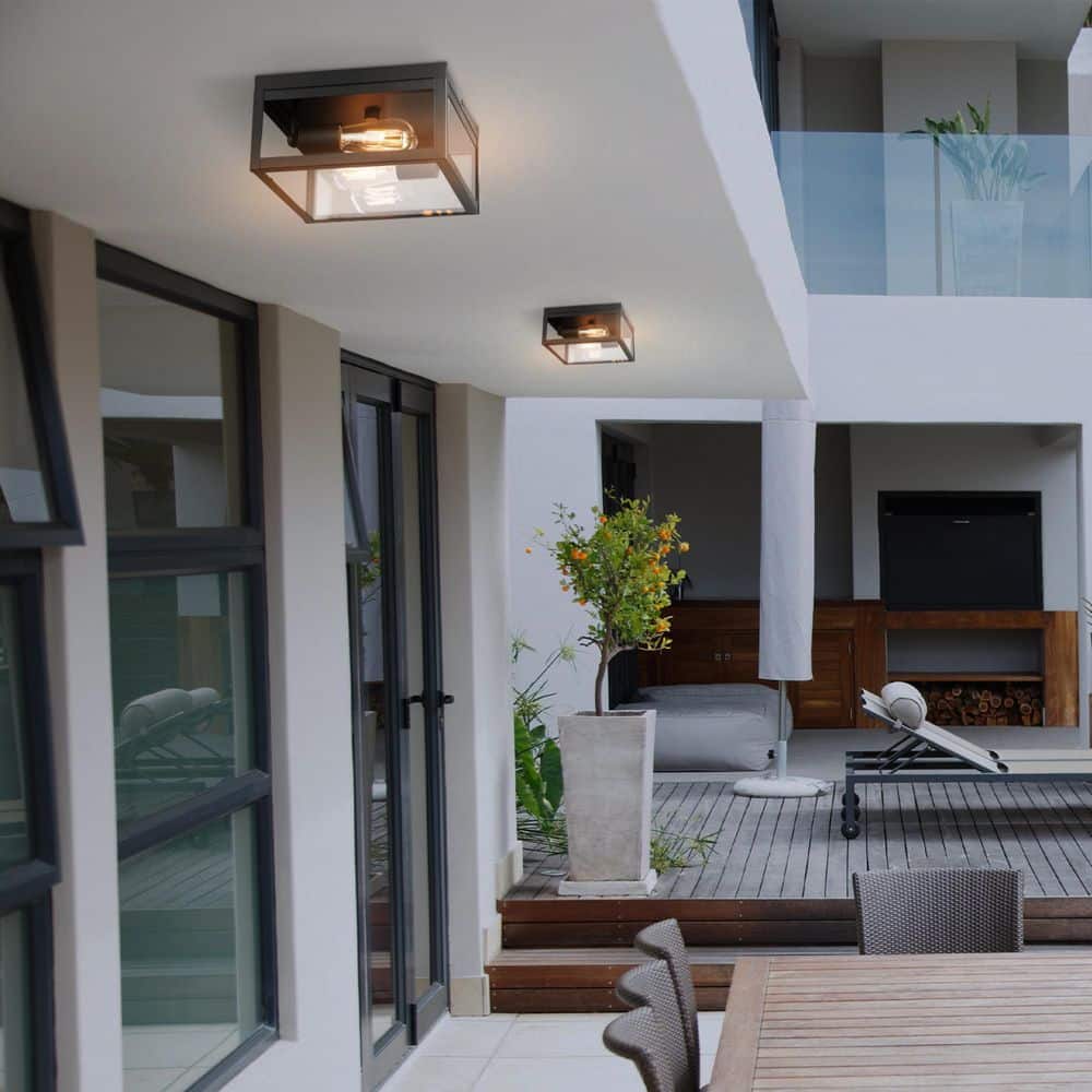 Hurley 10 in. 2-Light Modern Matte Black Outdoor Flush Mount Ceiling Light with Clear Glass Shade - Hercitys