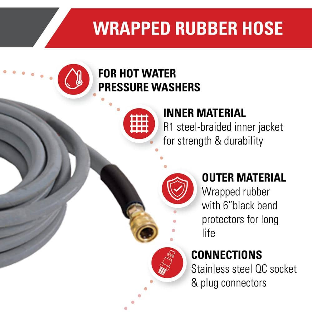 Wrapped Rubber Hose 3/8 in. x 50 ft. for 4500 PSI Hot/Cold Water Pressure Washers - Hercitys