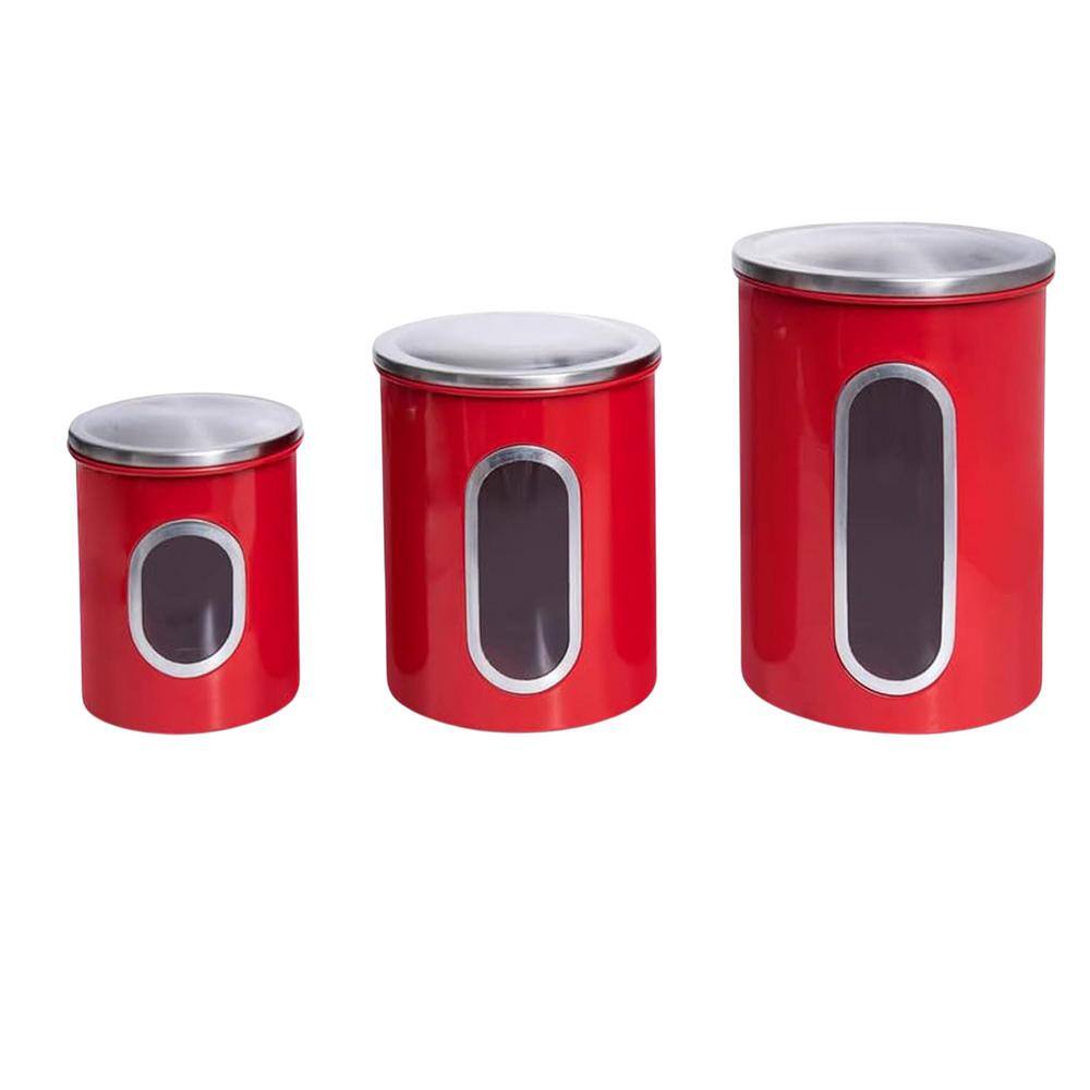 Set of 3 Plastic Canisters Kitchen Jars with See Through Window, Airtight Coffee Container Tea Organizer and Sugar Red - Hercitys