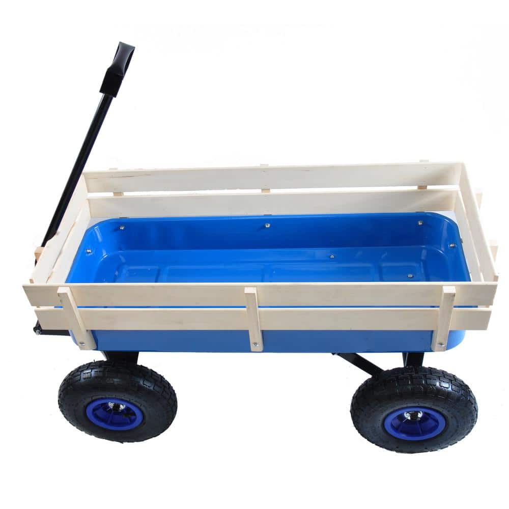 7.2 cu ft. Outdoor Metal Wagon Garden Cart Wooden Side Panels, Blue - Hercitys