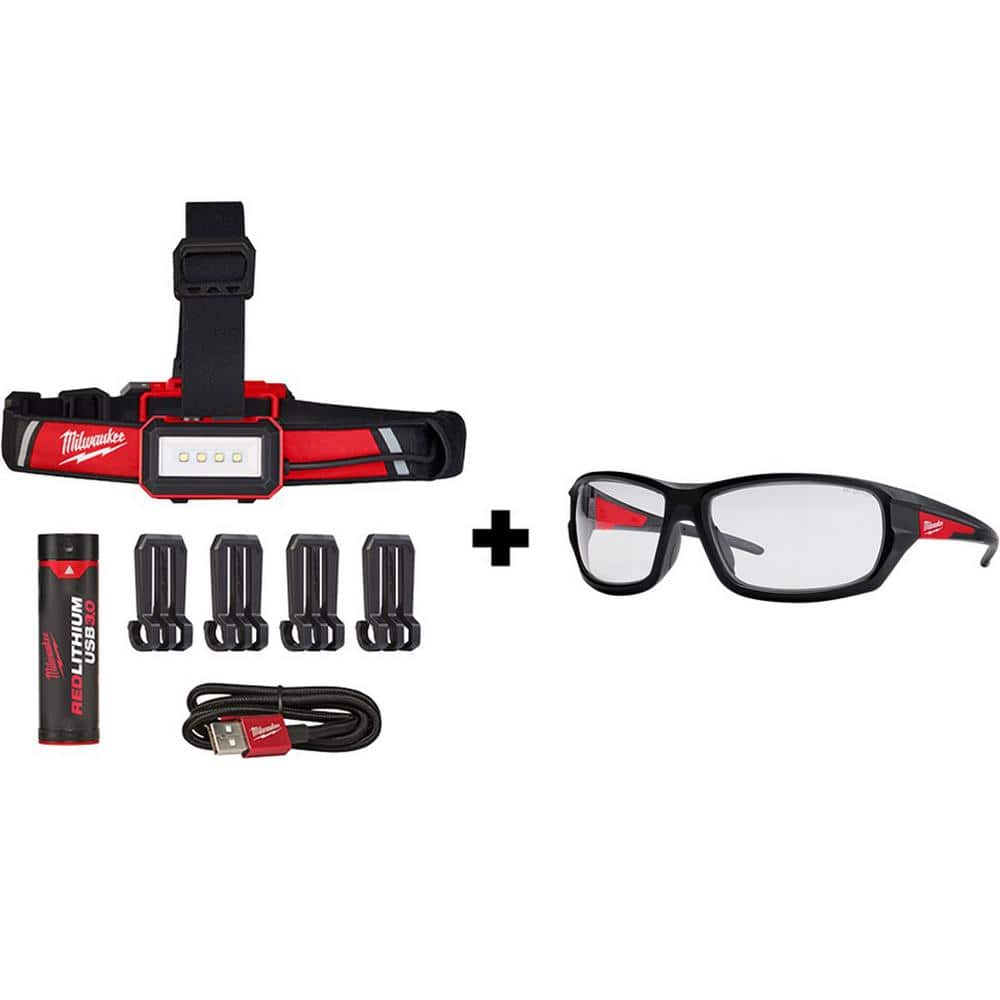 600 Lumens LED REDLITHIUM USB Low-Profile Hard Hat Headlamp with Performance Safety Glasses - Hercitys