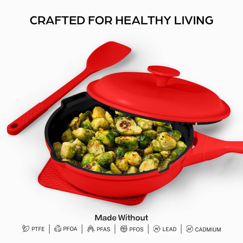 Zuka Everyday Pan 3.25 qt. Aluminum 10 in 1 Ceramic Nonstick Multi-Functional Saute Pan with Nylon Spoon, Steamer Basket - Hercitys