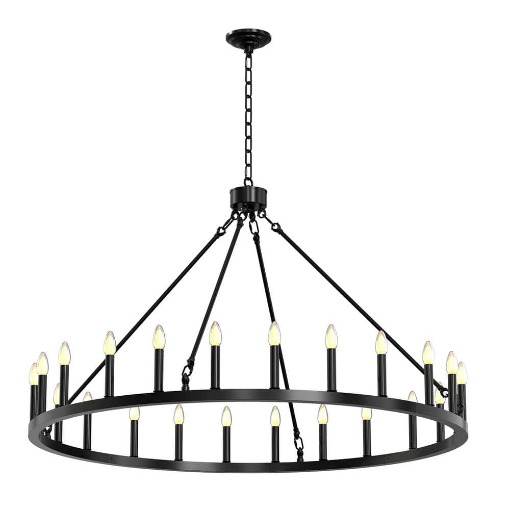 Black Wagon Wheel Chandelier 24-Lights, Large Farmhouse Round Outdoor Chandelier - Hercitys