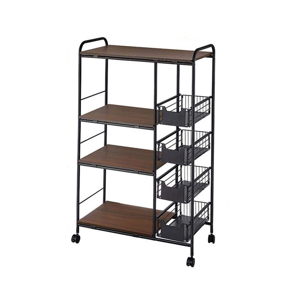 Walnut Wood Rolling 4-Tier 4-Wheeled Metal Wire Baskets Stand Cart in Black - Hercitys