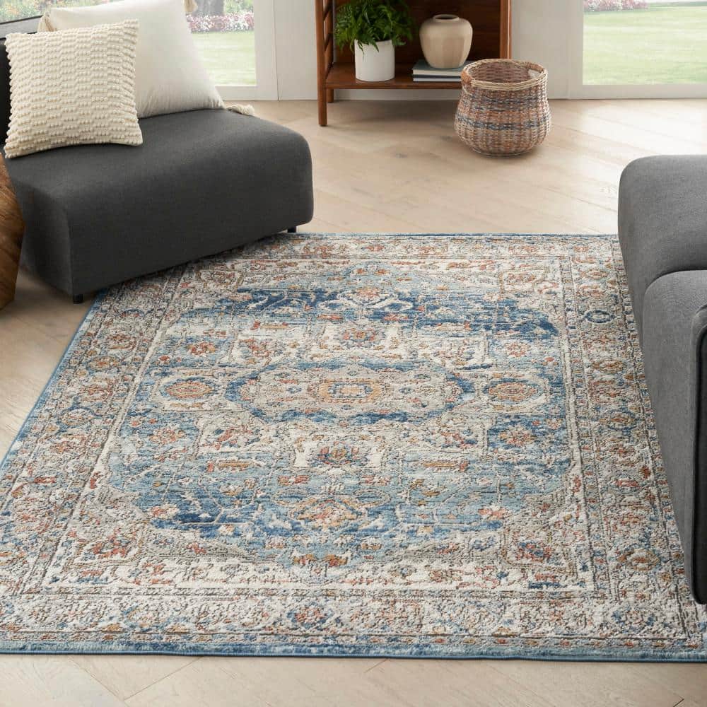 Concerto Ivory Blue 5 ft. x 7 ft. Border Traditional Area Rug - Hercitys