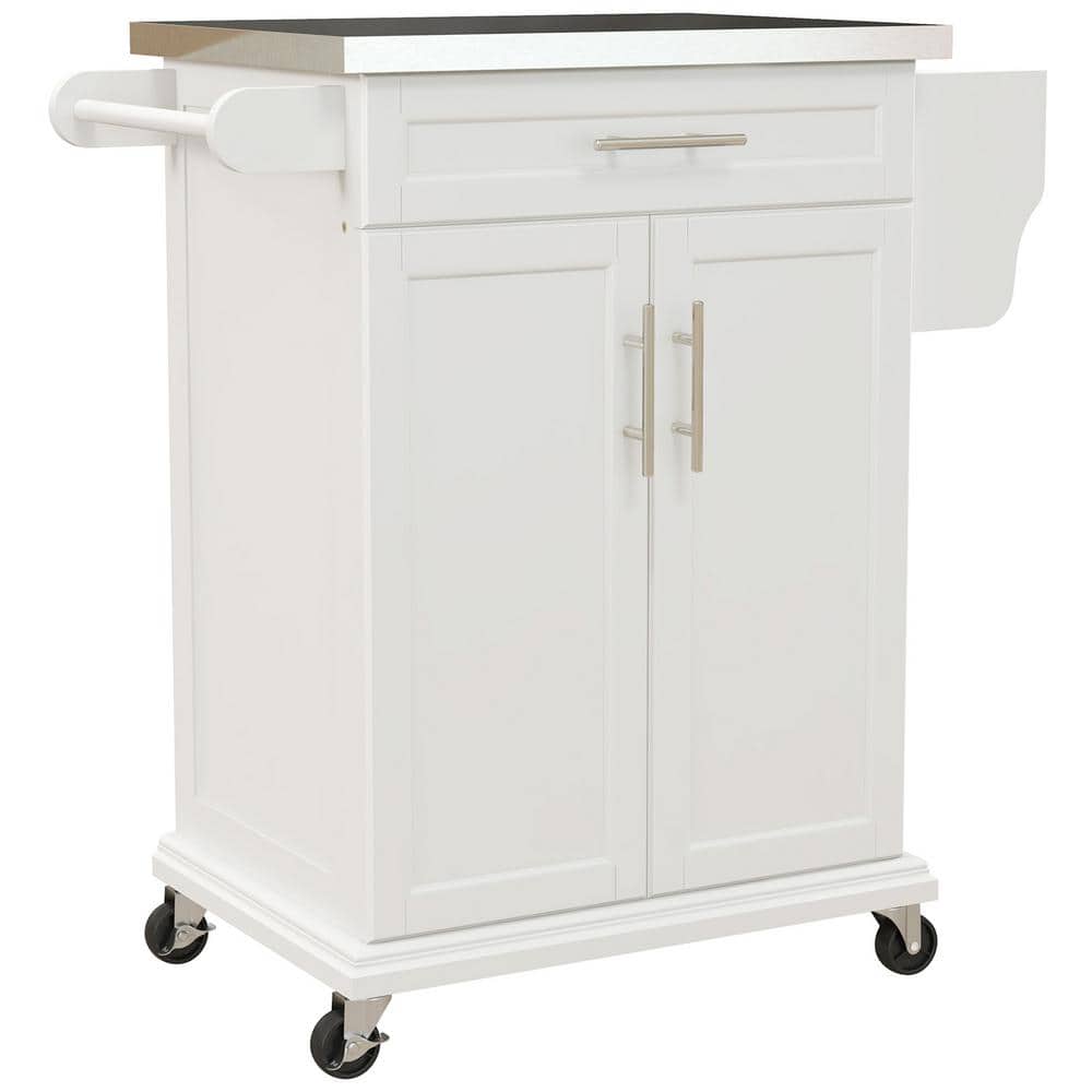 Cream White Metal Top 18 in. Kitchen Island with Drawer, Cabinets, Wheels and Towel Rack - Hercitys