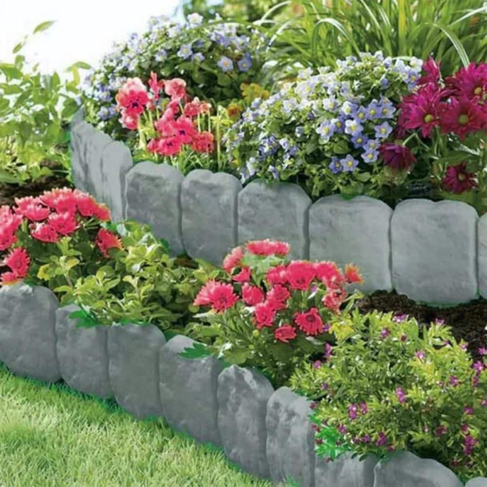 9.84 in. x 0.51 in. x 9.06 in. Gray Plastic Garden Edging Border, Imitation Stone Effect Garden Lawn Border (20 Pieces) - Hercitys
