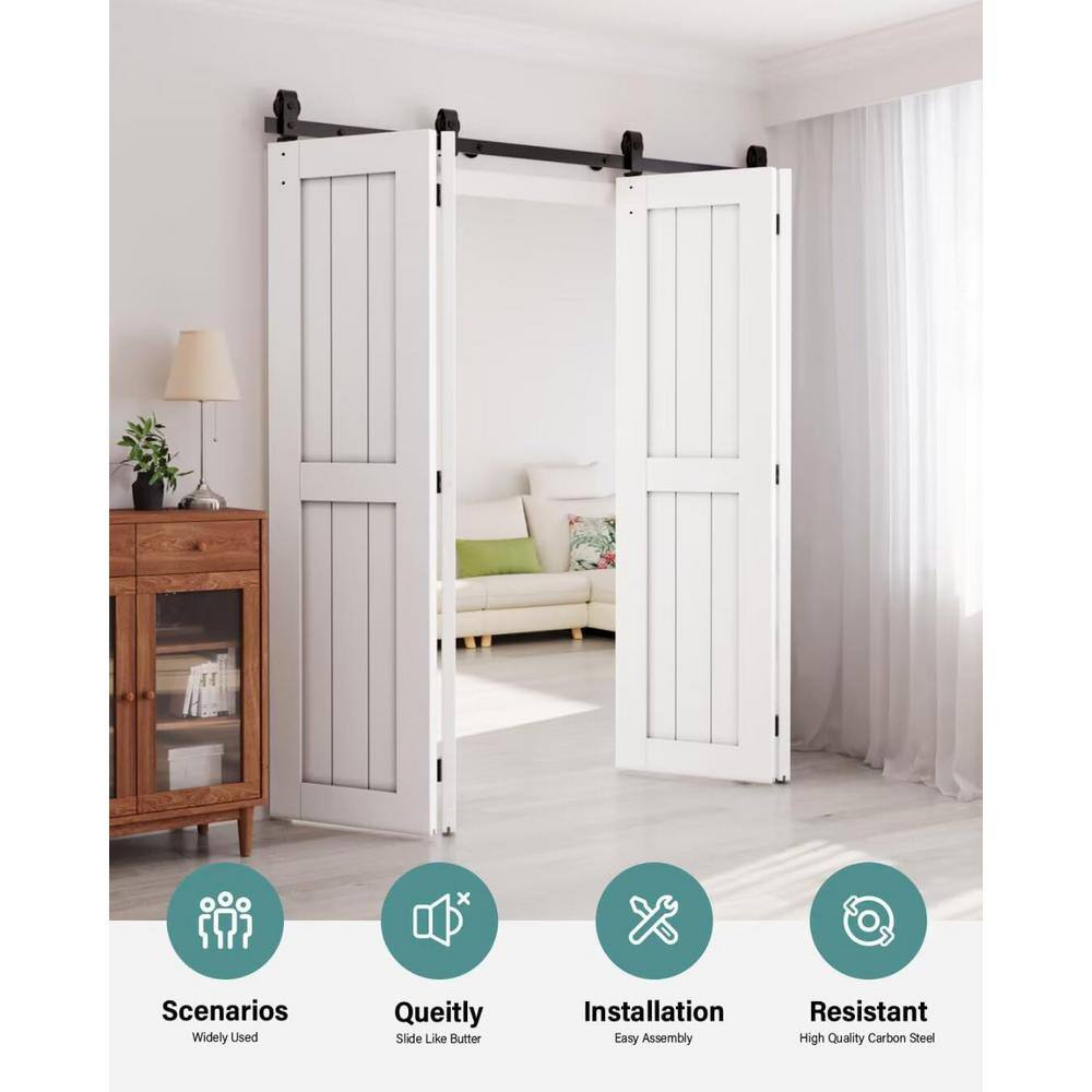 6.6 ft. /80 in. J Shape Frosted Black Top Mount Bi-Fold Sliding Barn Door Hardware Track Kit for 4-Doors - Hercitys