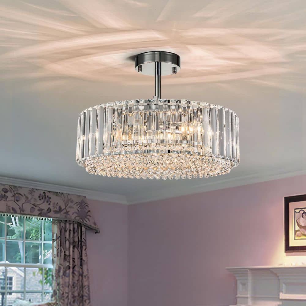 Orillia 15.74 in. 4-Light Contemporary Drum Semi Flush Mount Ceiling Light with Crystal Shade - Hercitys
