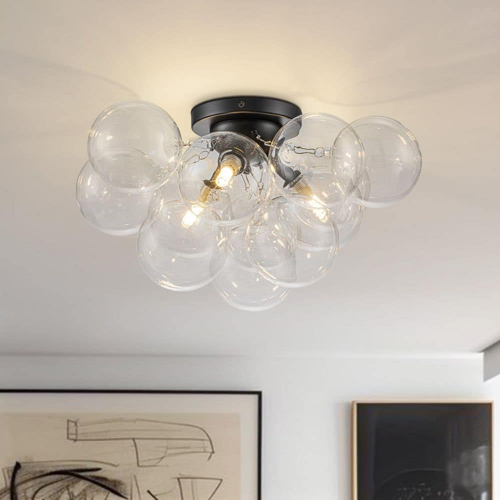 Orbis 18 in. W 3-Light Modern Black Semi-Flush Mount Dimmable Cluster Froyer Ceiling Light with Clear Glass Shade - Hercitys
