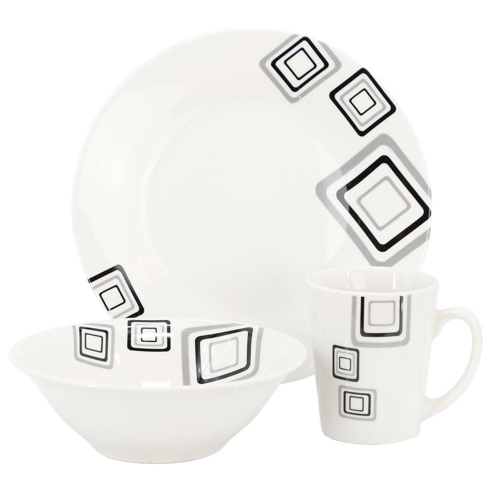 Black Squares 12-Piece Round Fine Ceramic Dinnerware Set in White - Hercitys
